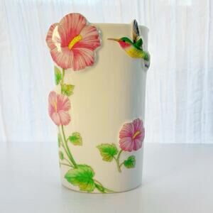 Vintage TCO San Francisco Hummingbird Hibiscus Porcelain Vase 3D Flowers - AS IS